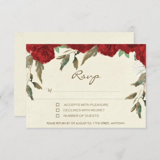 赤いバラの花のアイボリーの結婚式のrsvpの応答カード 出欠カード (正面/裏面)