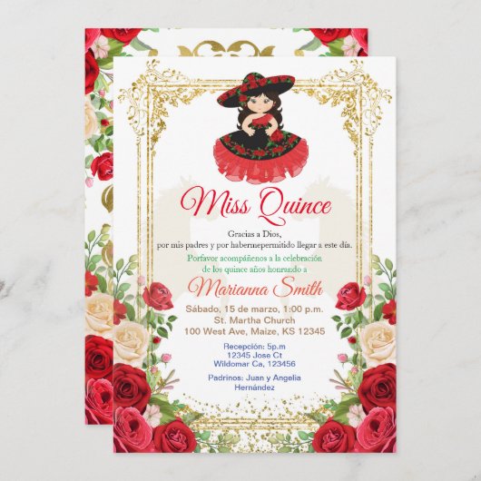 赤いバラの花のキンセアニエラ招待状 招待状 (正面/裏面)