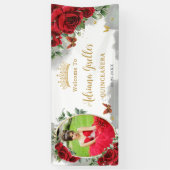 赤いバラの花のゴールドのキンセアニエラの写真用背景 横断幕 (縦)