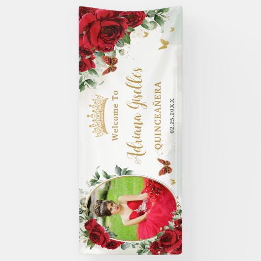 赤いバラの花のゴールドのキンセアニエラ写真用背景 横断幕 (縦)