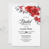 赤いバラの花のブライズシャワー 招待状 (正面)