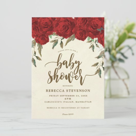 赤いバラの花のベビーシャワーの招待 招待状 (スタンド正面)