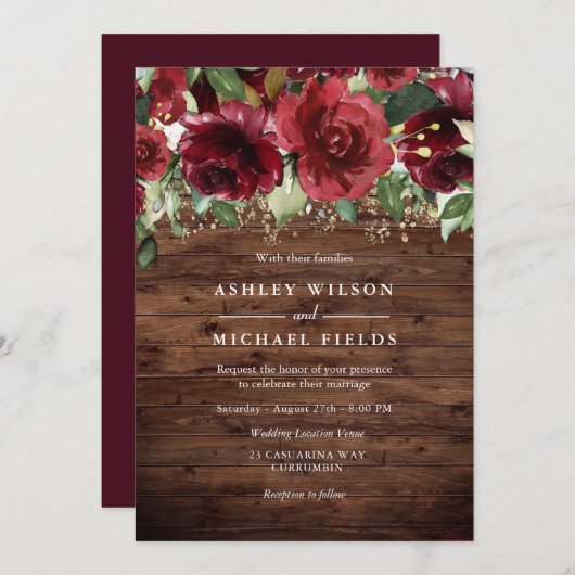 赤いバラの花の国素朴の結婚式 招待状 (正面/裏面)