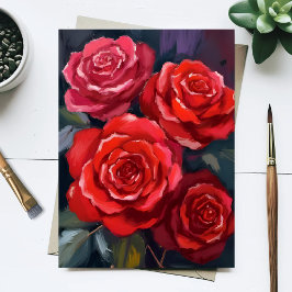 赤いバラの花の水彩画 ポストカード