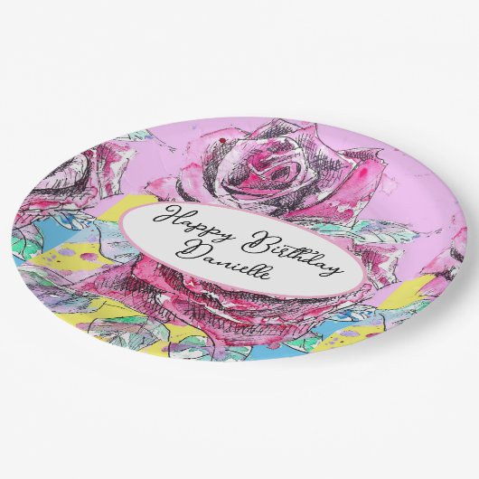 赤いバラの花の水彩紙パーティープレート ペーパープレート (アングル)