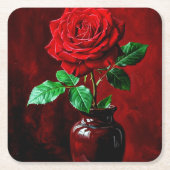 赤いバラの花の絵  スクエアペーパーコースター (正面)