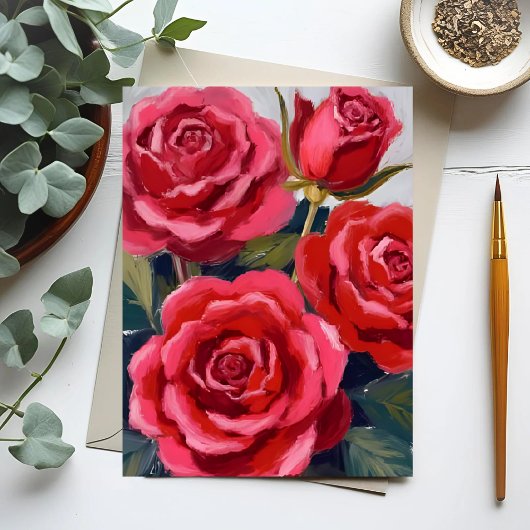 赤いバラの花の絵 ポストカード