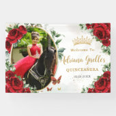 赤いバラの花の蝶のキンセアニエラ写真 横断幕 (横)