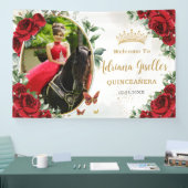 赤いバラの花の蝶のキンセアニエラ写真 横断幕 (トレードショー)