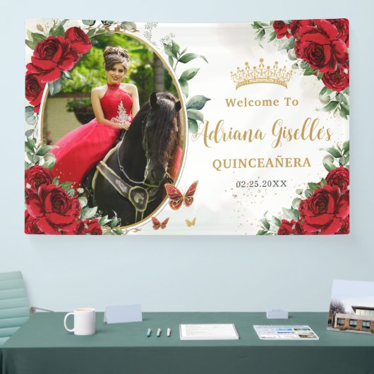 赤いバラの花の蝶のキンセアニエラ写真 横断幕 (トレードショー)