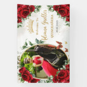 赤いバラの花の蝶のキンセアニエラ写真 横断幕 (縦)