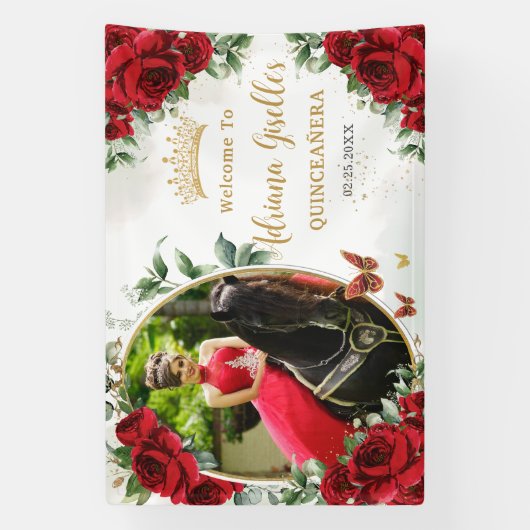 赤いバラの花の蝶のキンセアニエラ写真 横断幕 (縦)