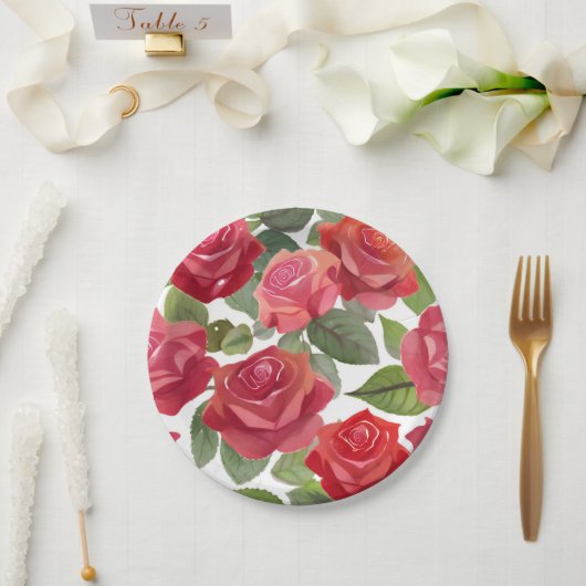 赤いバラの花のParty ペーパープレート (ウェディング)