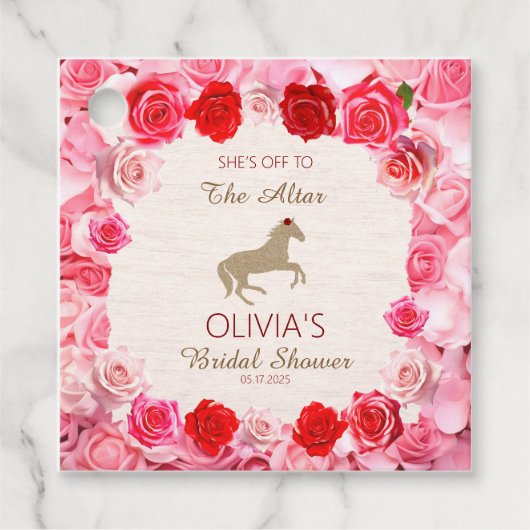 赤いバラの花束を胸に、結婚式場へ 花嫁の最後の祝い フェイバータグ (正面)