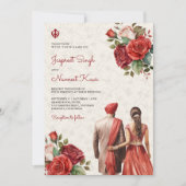 赤いバラの花束 インド風プンジャブ人 シーク教 結婚式 招待状 (正面)