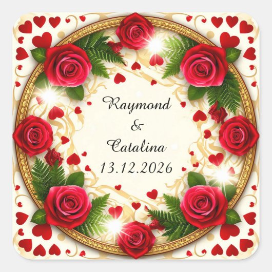 赤いバラの花枠 スクエアシール (正面)