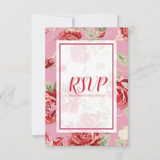 赤いバラの花柄のプリントで「Save the Date」 出欠カード (正面)