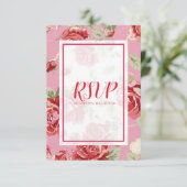 赤いバラの花柄のプリントで「Save the Date」 出欠カード (スタンド正面)