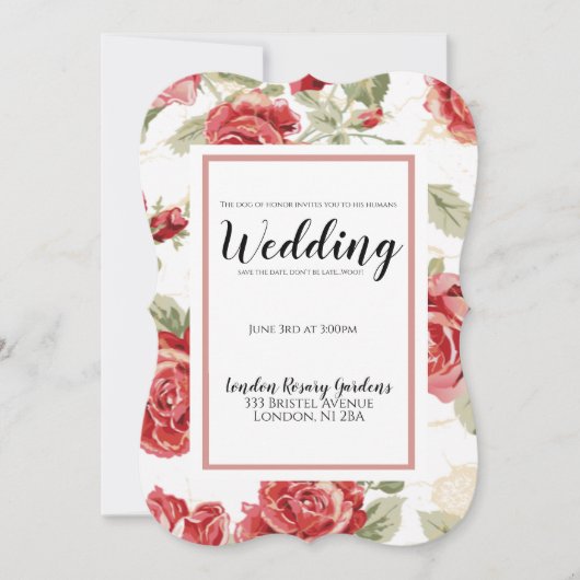 赤いバラの花柄クラシックプリント　オブ・オナー犬 案内状 (正面)