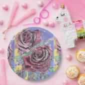 赤いバラの花模様のパープルの紙のPartyプレート ペーパープレート (パーティー)