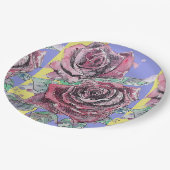 赤いバラの花模様のパープルの紙のPartyプレート ペーパープレート (アングル)