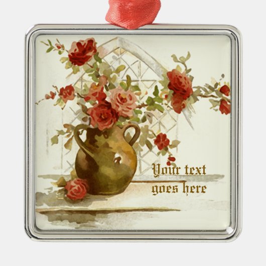 赤いバラの花瓶ヴィンテージ水彩オーナメント メタルオーナメント (正面)