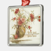 赤いバラの花瓶ヴィンテージ水彩オーナメント メタルオーナメント (左)