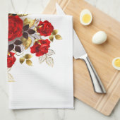 赤いバラの花蝶 キッチンタオル (四つ折り)