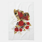 赤いバラの花蝶 キッチンタオル (縦)