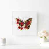 赤いバラの花蝶 スクエア壁時計 (ホーム)