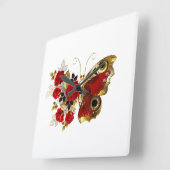 赤いバラの花蝶 スクエア壁時計 (傾斜)