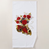 赤いバラの花蝶 ビーチタオル (正面)