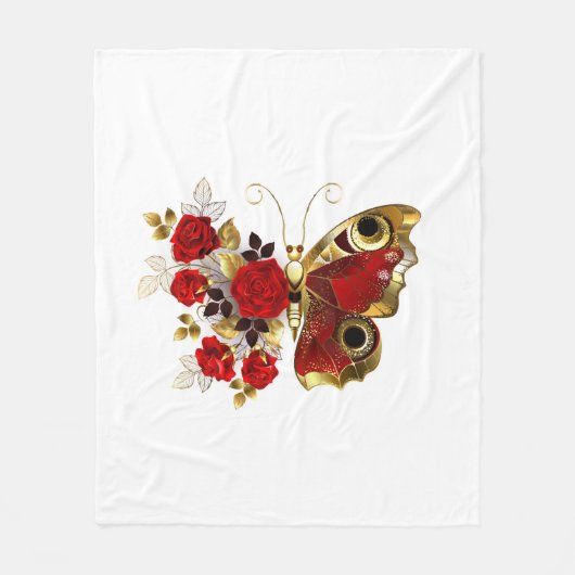 赤いバラの花蝶 フリースブランケット (正面)