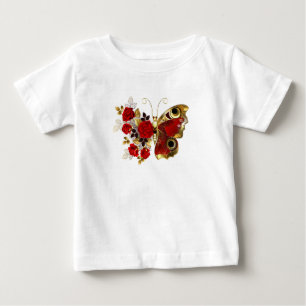 赤いバラの花蝶 ベビーTシャツ