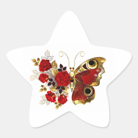 赤いバラの花蝶 星シール (正面)