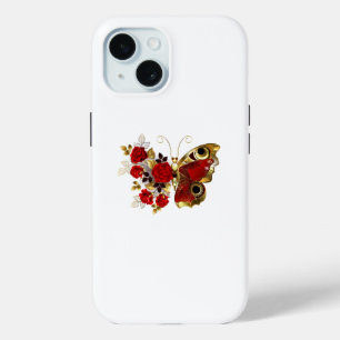 赤いバラの花蝶 iPhone 15ケース