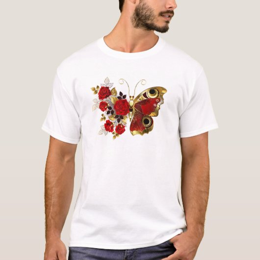 赤いバラの花蝶 Tシャツ (正面)