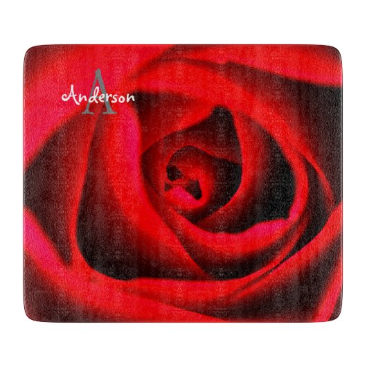赤いバラの花 ガラス製まな板 カッティングボード (正面)