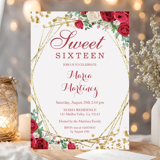 赤いバラの花 スイート16歳の誕生日パーティー招待状 招待状