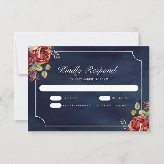 赤いバラの花 ネイビーブルーの結婚式 出欠カード (正面)