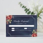 赤いバラの花 ネイビーブルーの結婚式 出欠カード (スタンド正面)