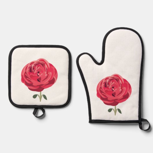 赤いバラの花 フラワー 赤い薔薇 鍋つかみ&鍋敷きセット (正面)