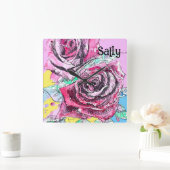 赤いバラの花 水彩画 フラワーアート スクエア壁時計 (ホーム)