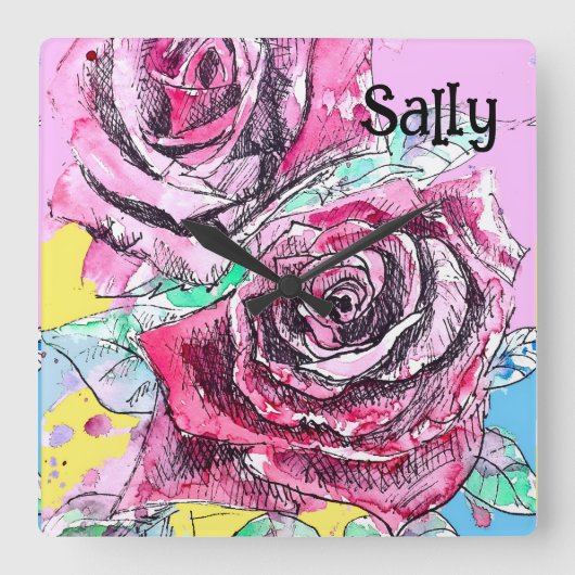 赤いバラの花 水彩画 フラワーアート スクエア壁時計 (正面)