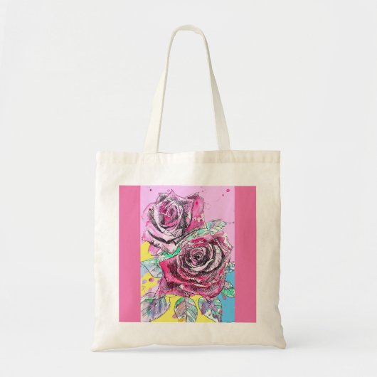 赤いバラの花 薔薇 ピンクの花 水彩画 フラワー トートバッグ (正面)