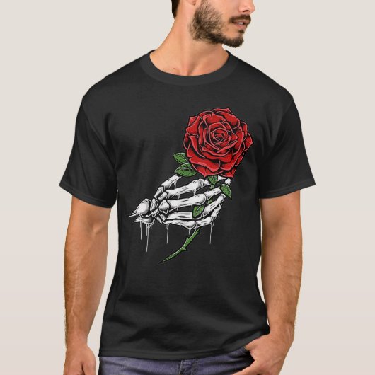 赤いバラの茎の入れ墨独身のを持つ骨組みの手 Tシャツ (正面)