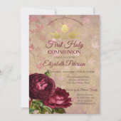 赤いバラの落下葉最初の聖聖餐式 招待状 (正面)