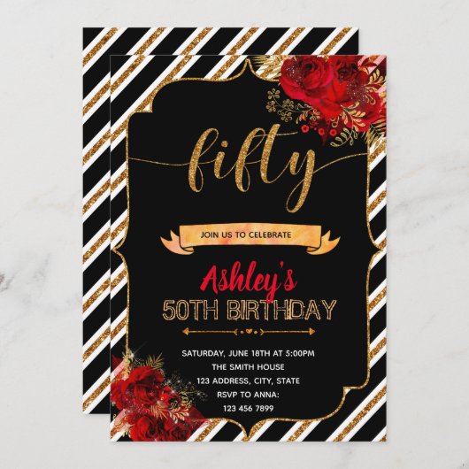 赤いバラの誕生日の招待状 招待状 (正面/裏面)