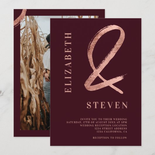 赤いバラの金ゴールドアンパサンドはphoto結婚's 招待状 (正面/裏面)