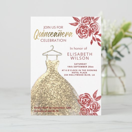 赤いバラの金ゴールドシークインズドレスキンセアニラ 招待状 (スタンド正面)